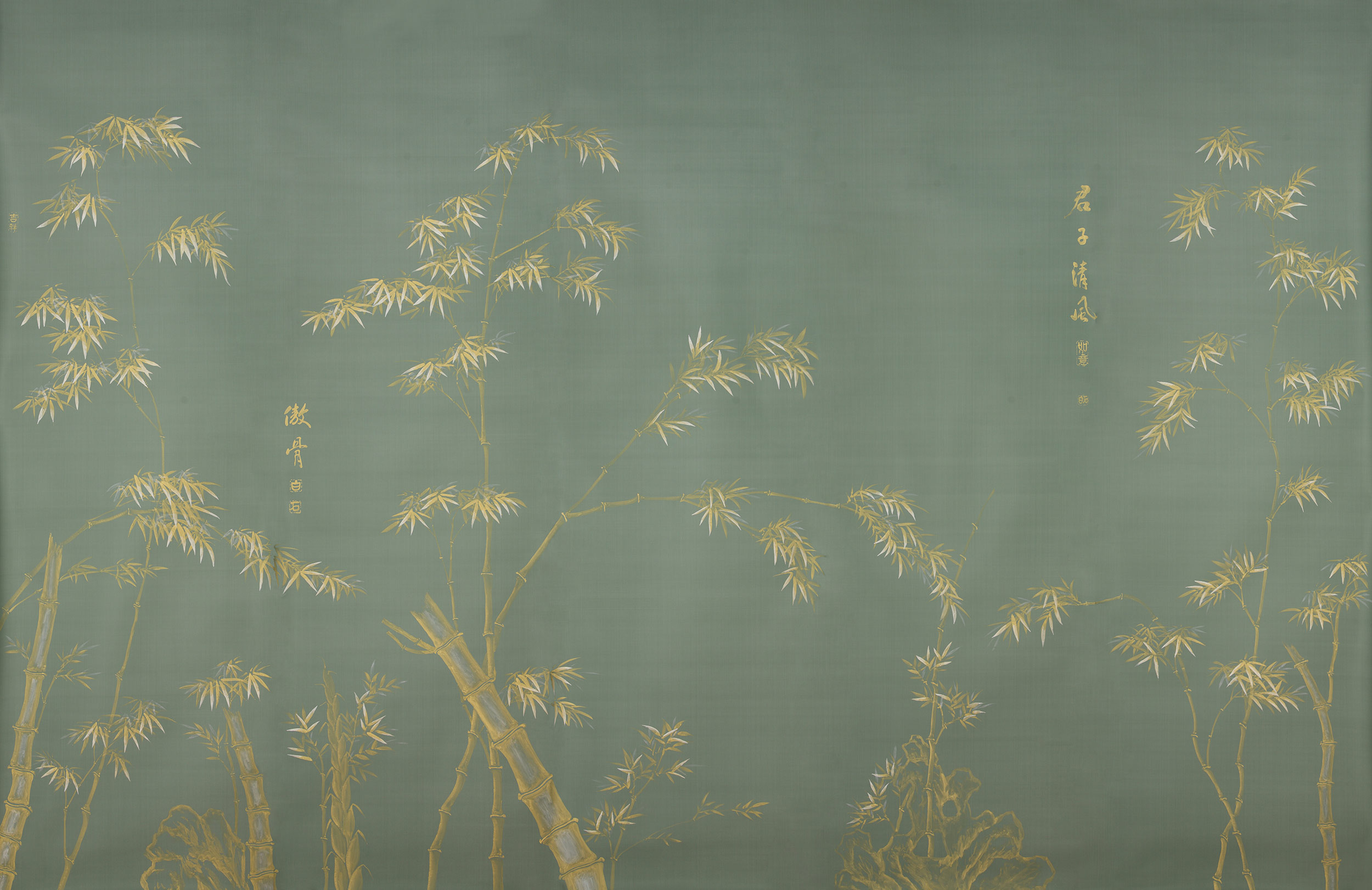 Обои ручная роспись Bamboo Golden on Blue grey dyed silk Обои ручная роспись Bamboo Golden on Blue grey dyed silk - постер Loft-Concept в Тюмени