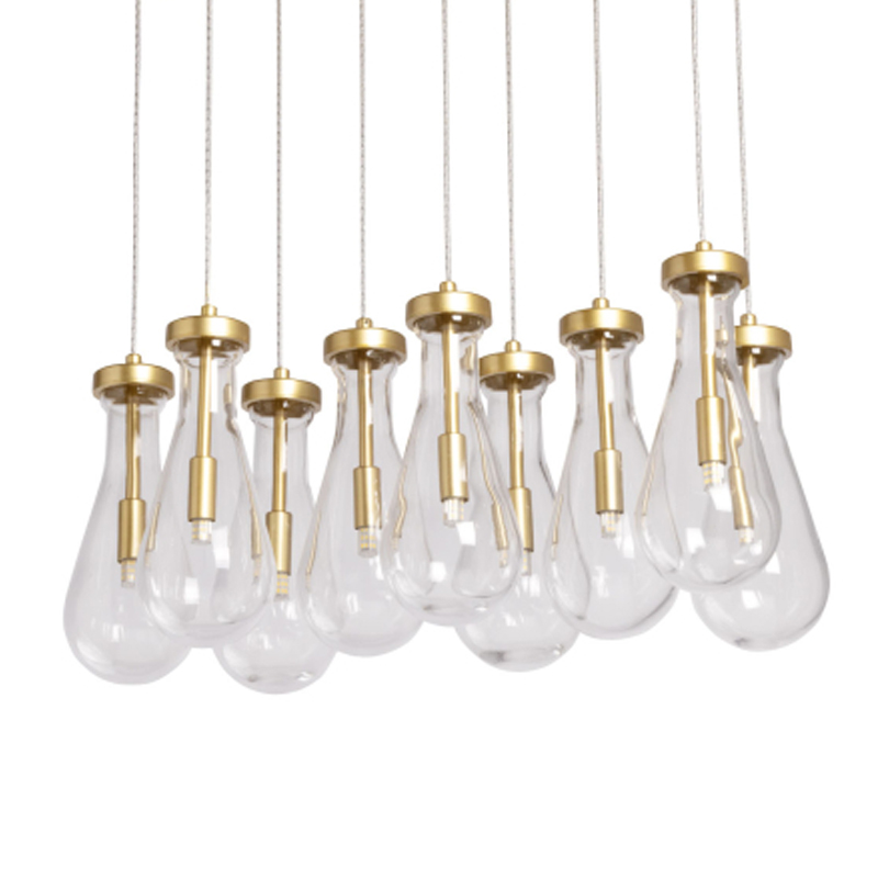 Люстра с 9-ю прозрачными стеклянными плафонами в форме капли Lucid Rain  Золотой Прозрачный в Тюмени | Loft Concept 