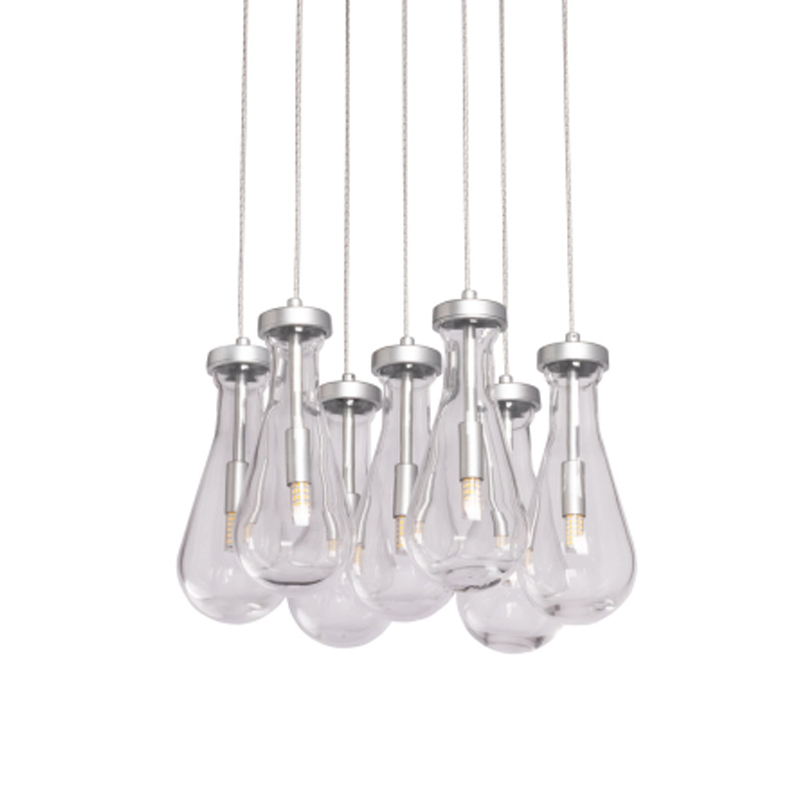 Люстра с 7-ю прозрачными плафонами из стекла в форме капли на круглом потолочном основании цвета хром Lucid Rain  Серебряный Прозрачный в Тюмени | Loft Concept 
