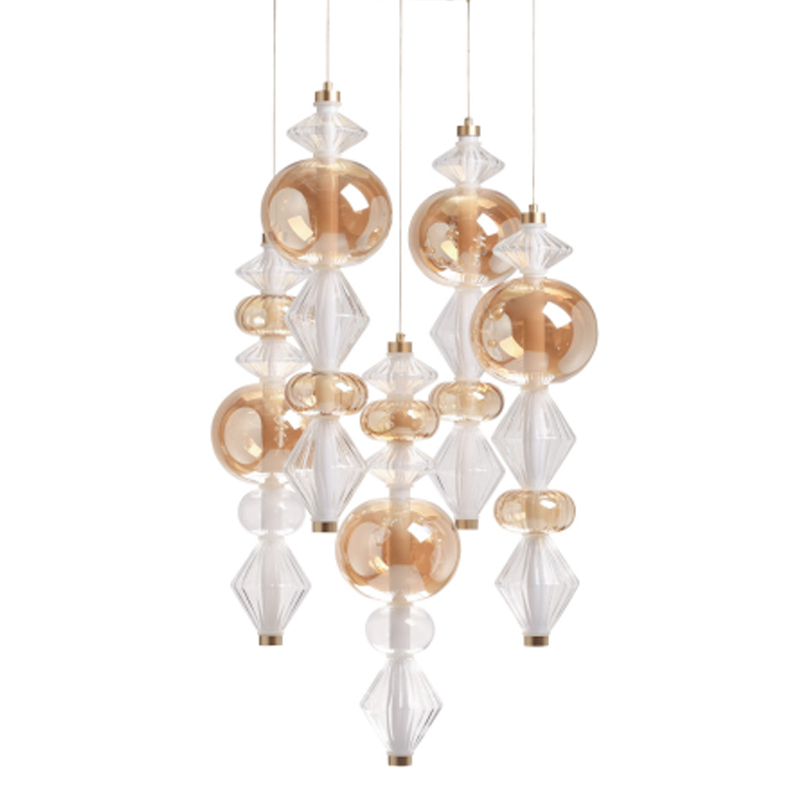 Люстра с плафонами из прозрачного и янтарного стекла в виде шаров и ромбов Gabriel Scott Luna Золотой Прозрачное Стекло Янтарный в Тюмени | Loft Concept 
