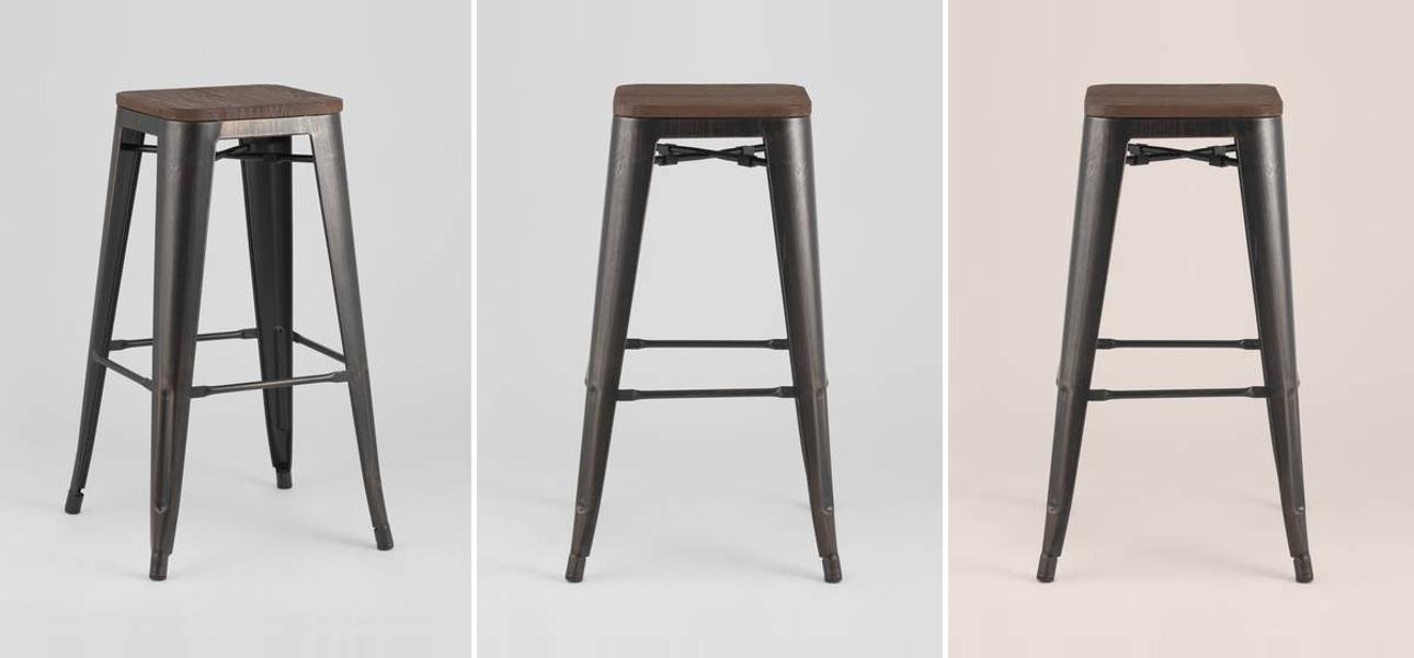 Барный Стул без Спинки Черный Металл с Золотой Патиной Деревянное Сидение - фото