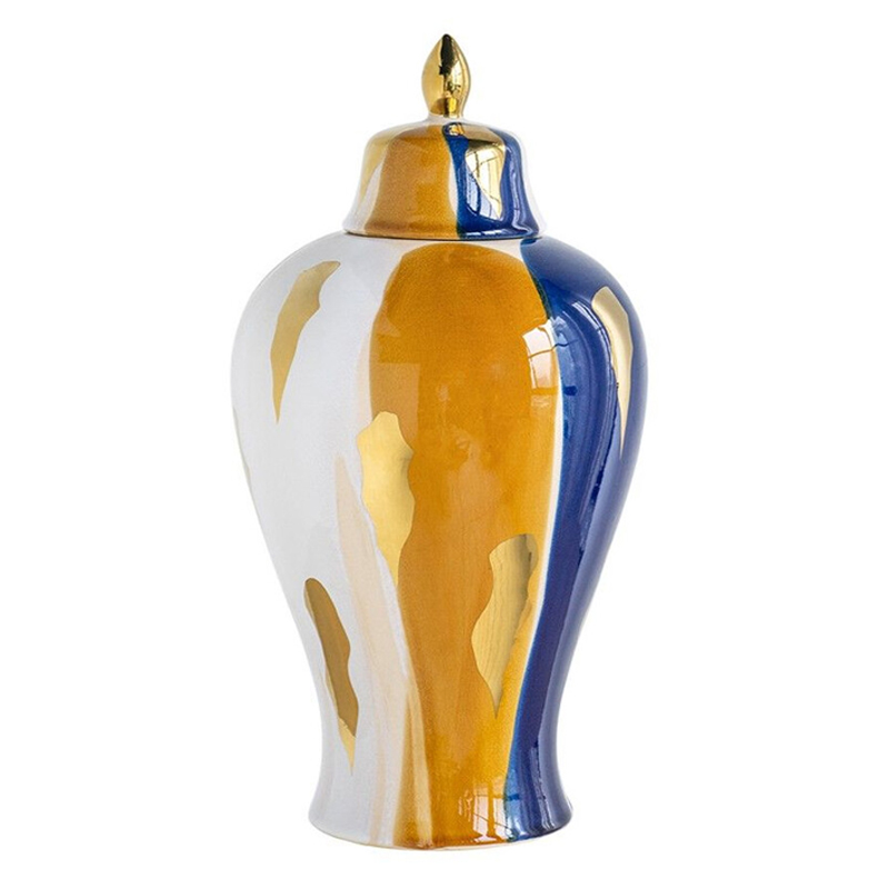 Ваза с крышкой и мазками синего и золого цвета на белом фоне Chinoiserie Ceramics Белый Оранжевый Золотой Синий Ваза с крышкой и мазками синего и золого цвета на белом фоне Chinoiserie Ceramics Белый Оранжевый Золотой Синий в Тюмени | Loft Concept