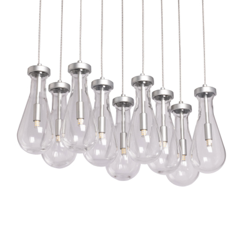 Люстра с 9-ю прозрачными плафонами из стекла в форме капли на прямоугольном потолочном основании цвета хром Lucid Rain  Серебряный Прозрачный в Тюмени | Loft Concept 