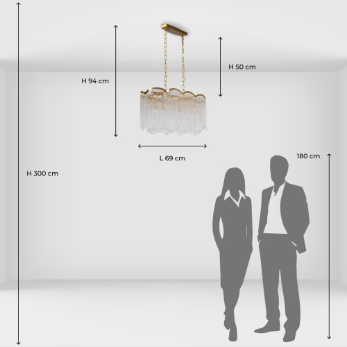 Люстра прямоугольная на цепях с прозрачными трубками и волнистым краем Nembus в Тюмени