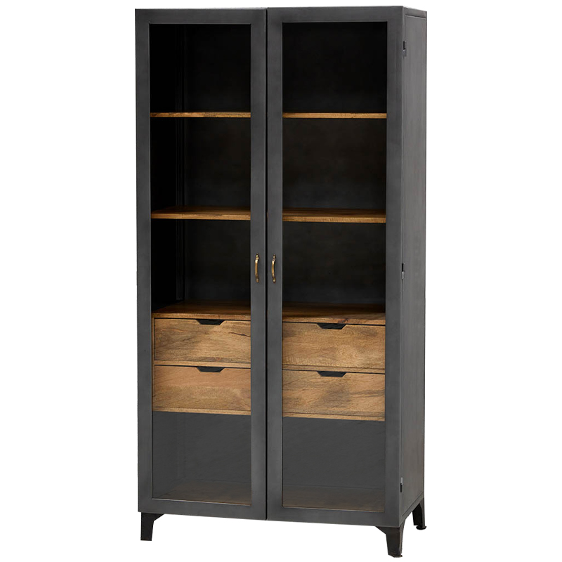 Шкаф металлический в стиле лофт с деревянными ящиками Russell Cabinet Графитовый Древесина Латунь Шкаф металлический в стиле лофт с деревянными ящиками Russell Cabinet Графитовый Древесина Латунь в Тюмени | Loft Concept