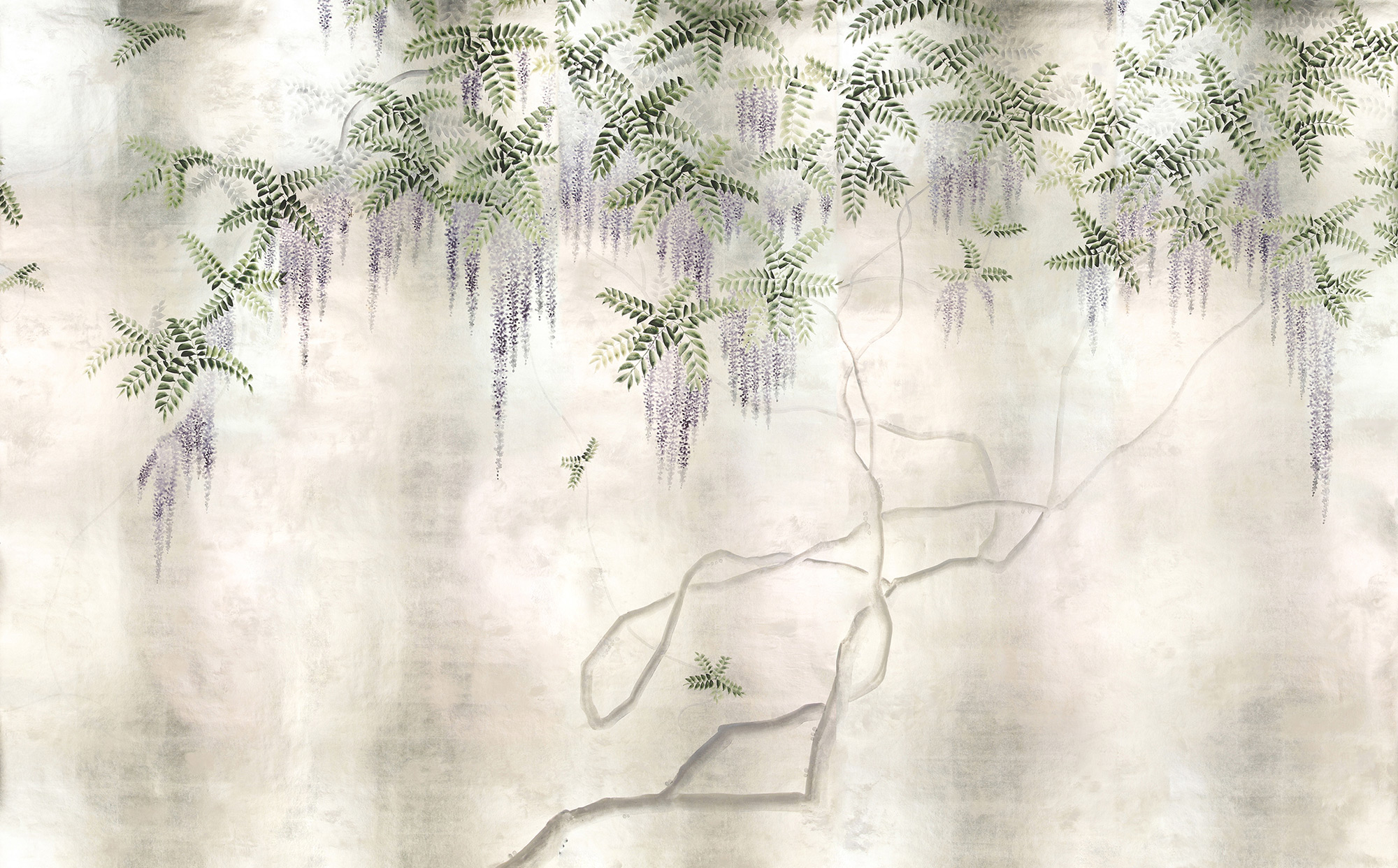 Обои в японском стиле Wisteria Lavender on White Metal gilded paper with pearlescent antiquing Обои в японском стиле Wisteria Lavender on White Metal gilded paper with pearlescent antiquing - постер Loft-Concept в Тюмени