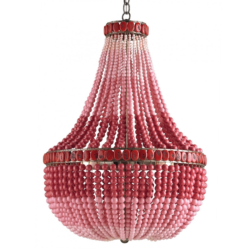 Люстра каплевидной формы украшенная круглыми бусинами Wooden Beads Chandelier Red Pink Красный Розовый Винтажная латунь Люстра каплевидной формы украшенная круглыми бусинами Wooden Beads Chandelier Red Pink Красный Розовый Винтажная латунь в Тюмени | Loft Concept