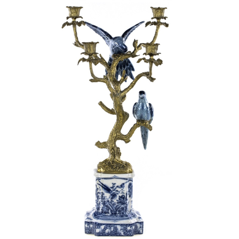 Подсвечник Blue & White Porcelain Bronze Parrots Белый Синий Бронза Подсвечник Blue & White Porcelain Bronze Parrots Белый Синий Бронза в Тюмени | Loft Concept