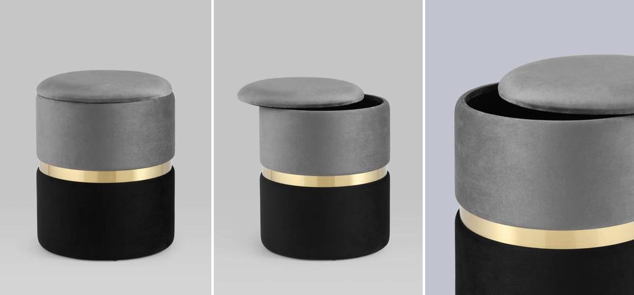 Пуф с ящиком Duo серый черный Glossy Velor - фото