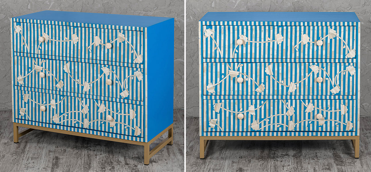 Комод синий инкрустация костью Blue Flowers - фото