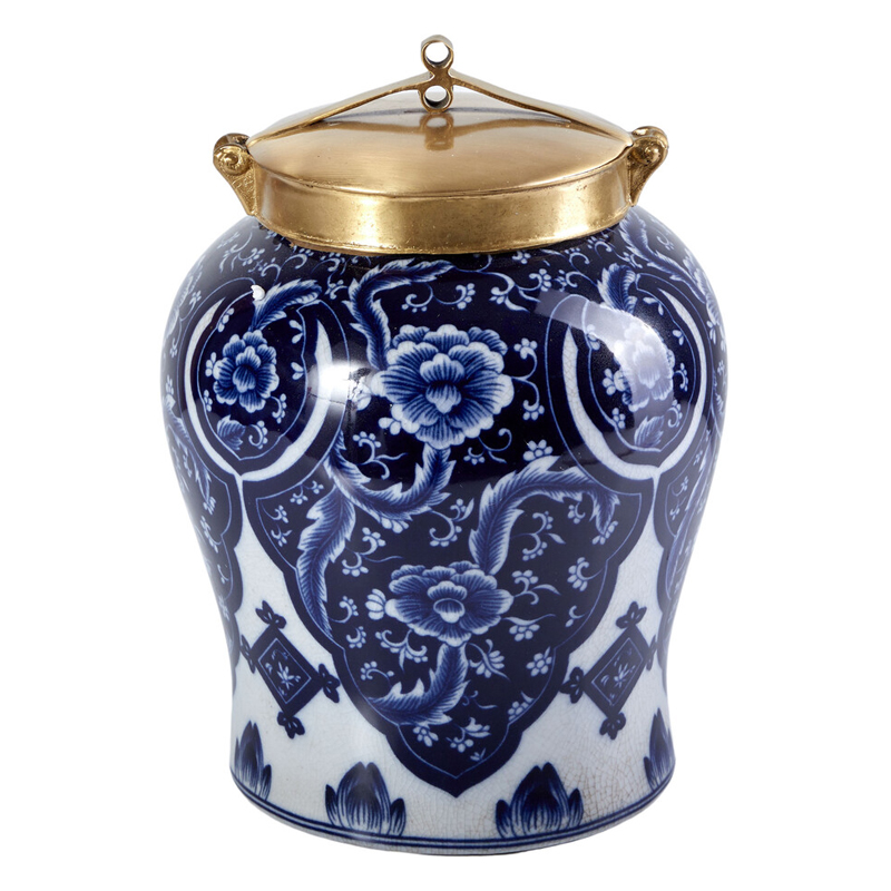 Ваза с насыщенным синим орнаментом и золотой крышкой Blue & White Ornament Белый Синий Золотой Ваза с насыщенным синим орнаментом и золотой крышкой Blue & White Ornament Белый Синий Золотой в Тюмени | Loft Concept