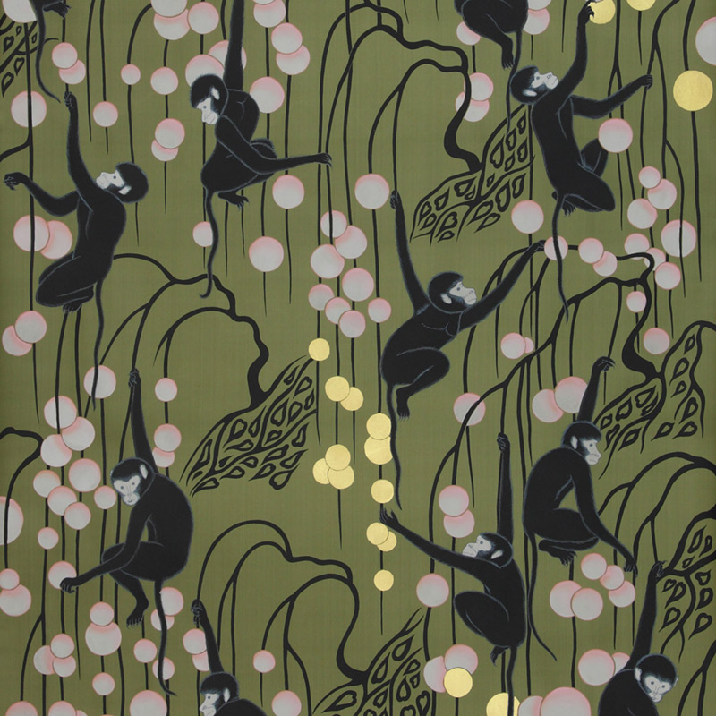 Обои ручная роспись Deco Monkeys Special Colourway on Olive dyed silk Обои ручная роспись Deco Monkeys Special Colourway on Olive dyed silk в Тюмени | Loft Concept