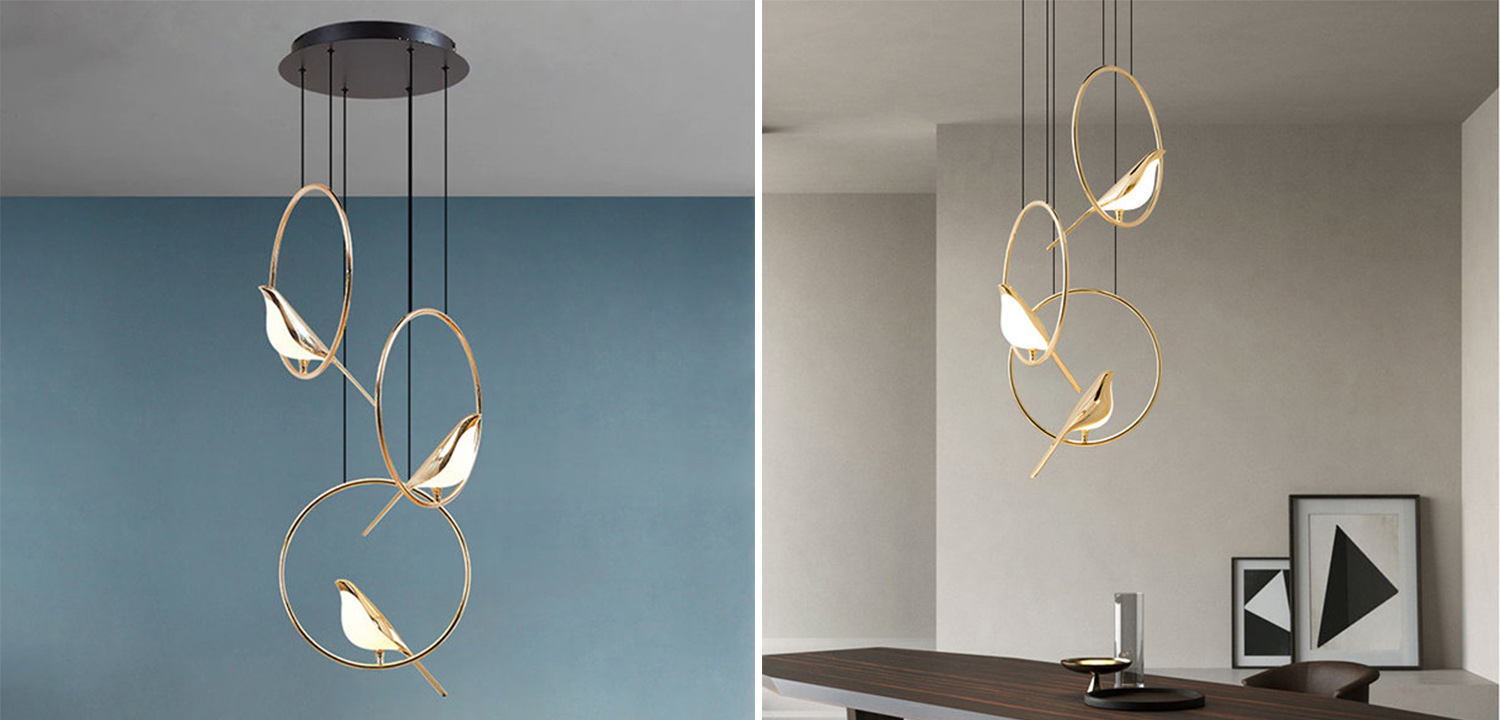 Люстра с золотыми птичками в кольцах NOMI Chandelier Three birds - фото