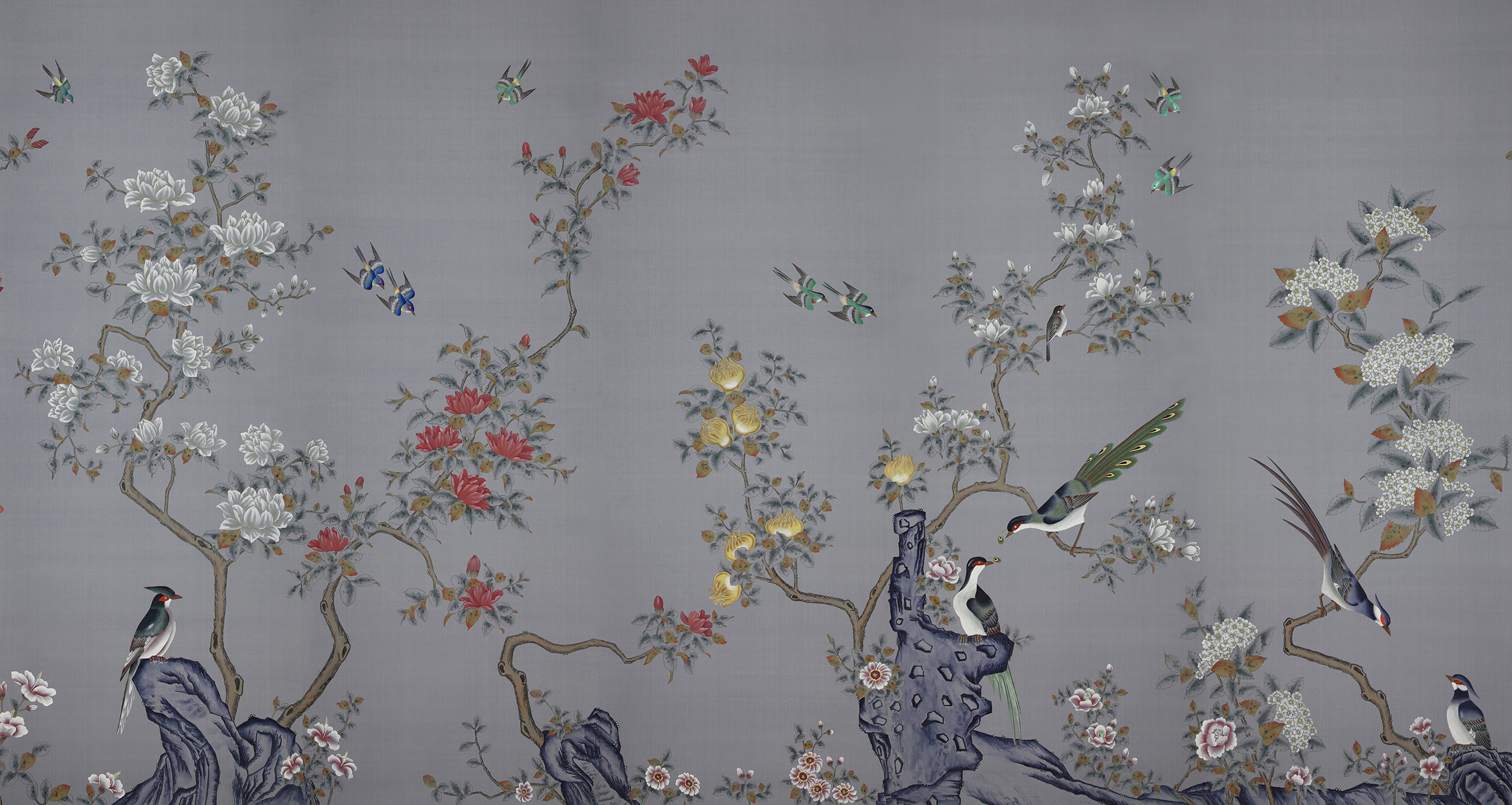 Обои ручная роспись Japanese Garden Original colourway on Gun Metal dyed silk Обои ручная роспись Japanese Garden Original colourway on Gun Metal dyed silk - постер Loft-Concept в Тюмени