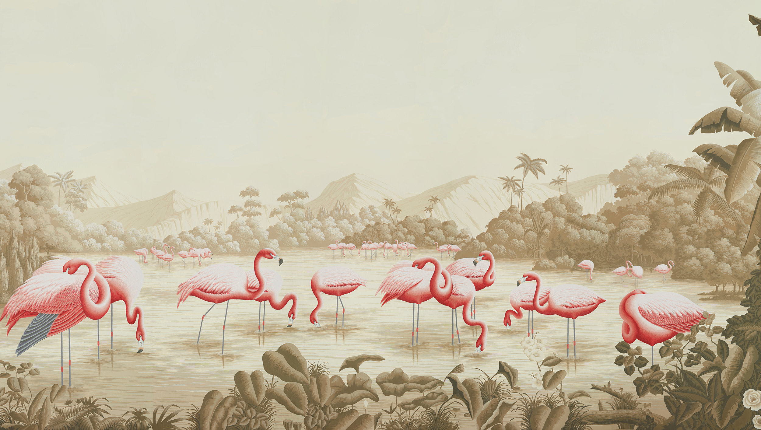 Обои ручная роспись Flamingos Flamingo on Sepia scenic paper Обои ручная роспись Flamingos Flamingo on Sepia scenic paper - постер Loft-Concept в Тюмени