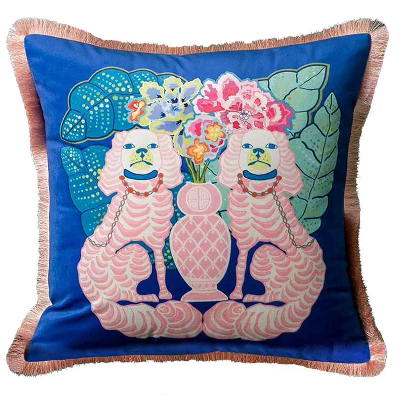 Декоративная подушка Two Pink Dogs on Blue Cushion Синий Розовый Мульти в Тюмени | Loft Concept 