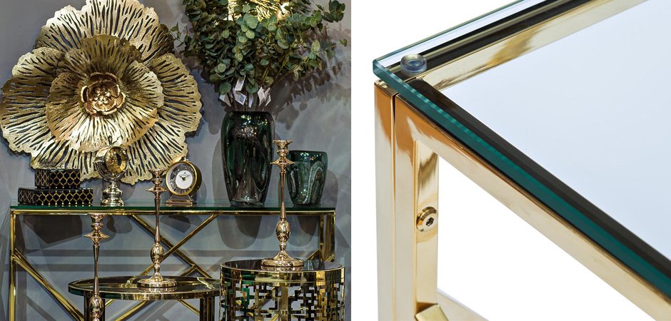 Консоль Serene Furnishing Gold Clear Glass Top Console Консоль Serene Furnishing Gold Clear Glass Top Console - Loft-Concept в Тюмени