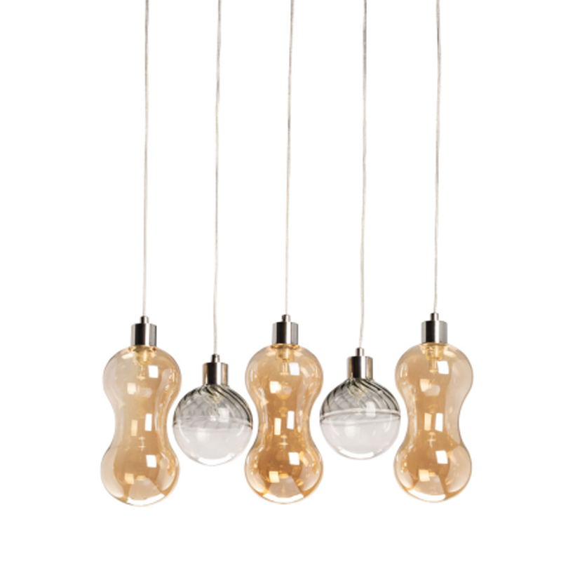 Люстра с 3-мя плафонами волнообразной формы цвета янтарь и 2-мя прозрачными шарообразными плафонами Lucid Rain  Черный Прозрачный Янтарный в Тюмени | Loft Concept 