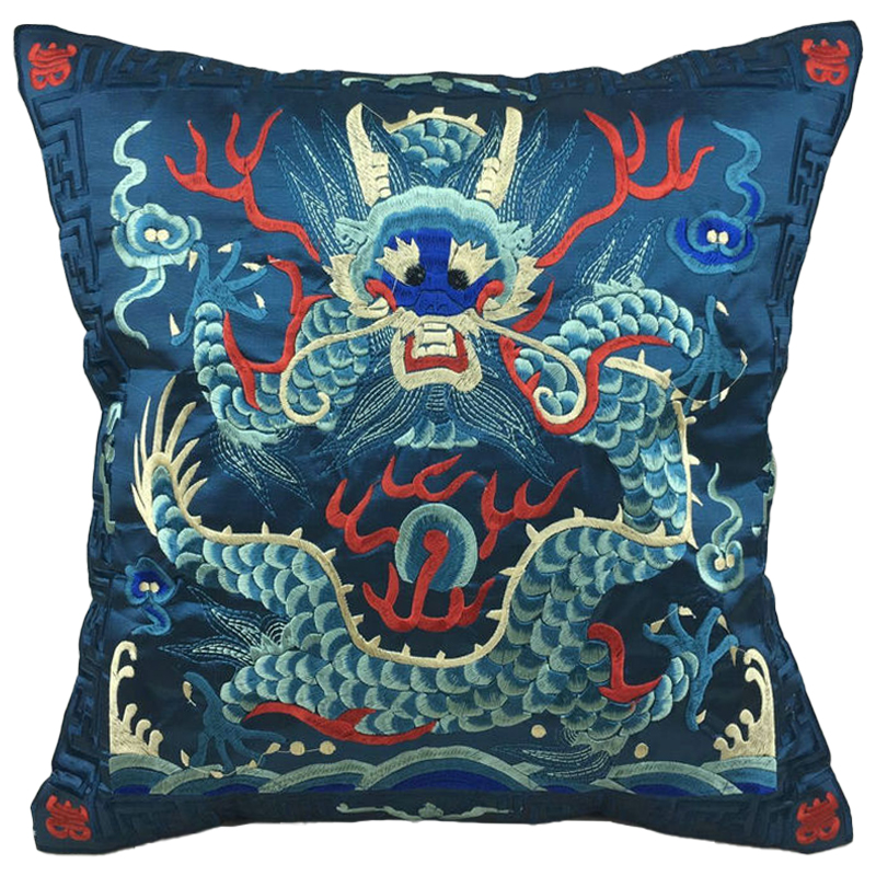 Декоративная подушка с вышивкой Chinese Dragon Blue Мульти Синий Декоративная подушка с вышивкой Chinese Dragon Blue Мульти Синий в Тюмени | Loft Concept