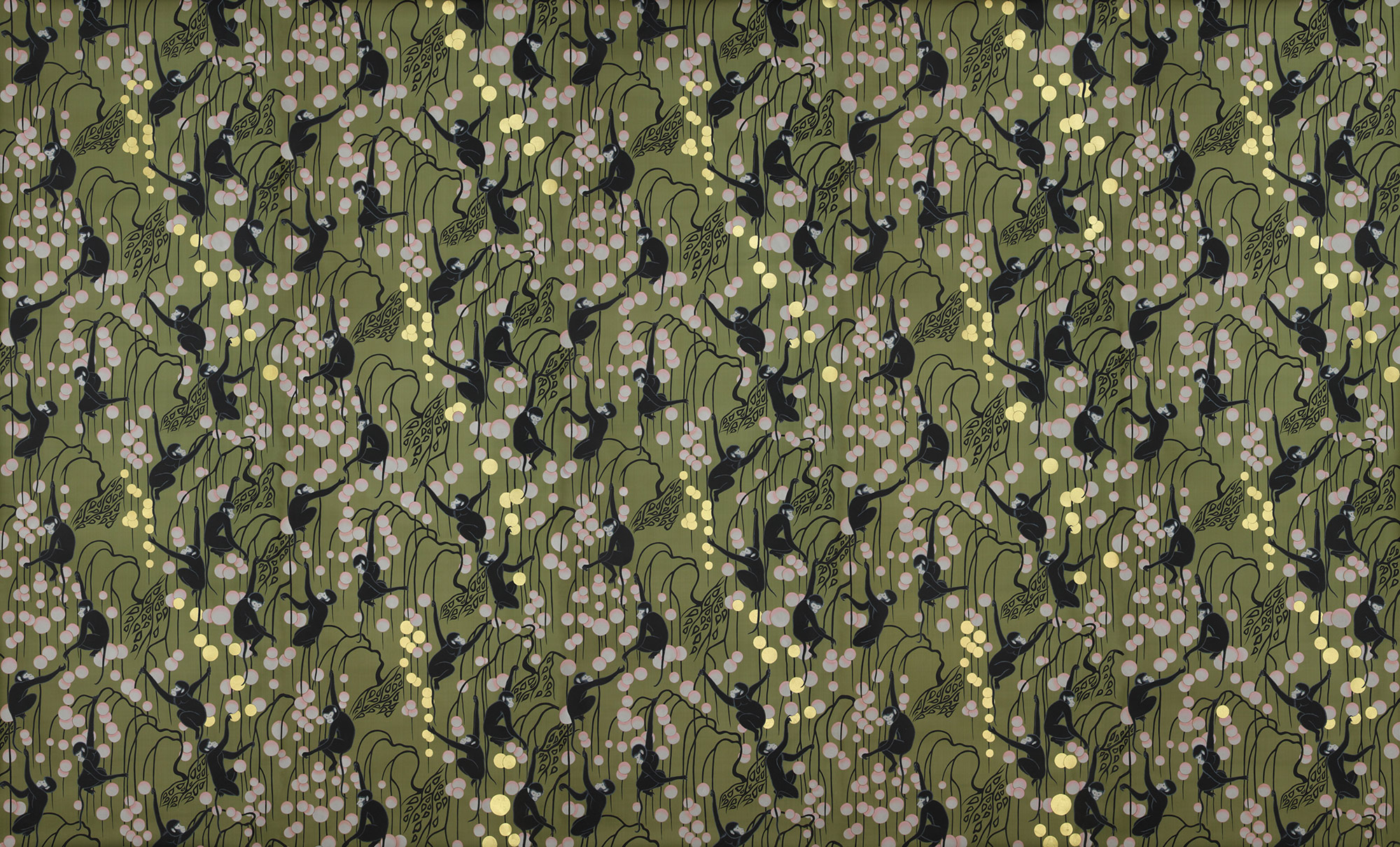 Обои ручная роспись Deco Monkeys Special Colourway on Olive dyed silk Обои ручная роспись Deco Monkeys Special Colourway on Olive dyed silk - постер Loft-Concept в Тюмени