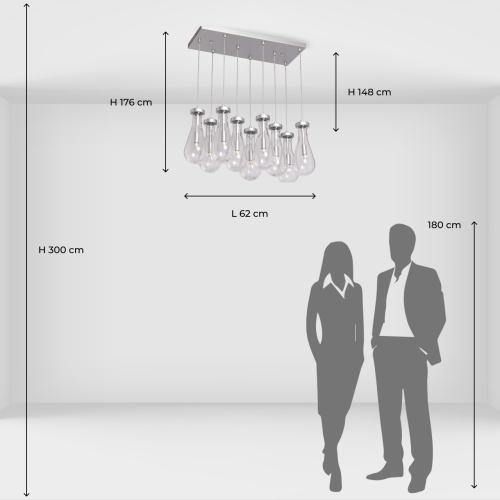 Люстра с 9-ю прозрачными плафонами из стекла в форме капли на прямоугольном потолочном основании цвета хром Lucid Rain  в Тюмени