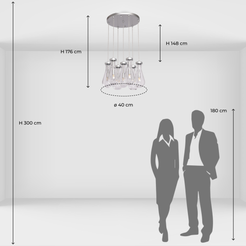 Люстра с 7-ю прозрачными плафонами из стекла в форме капли на круглом потолочном основании цвета хром Lucid Rain  в Тюмени