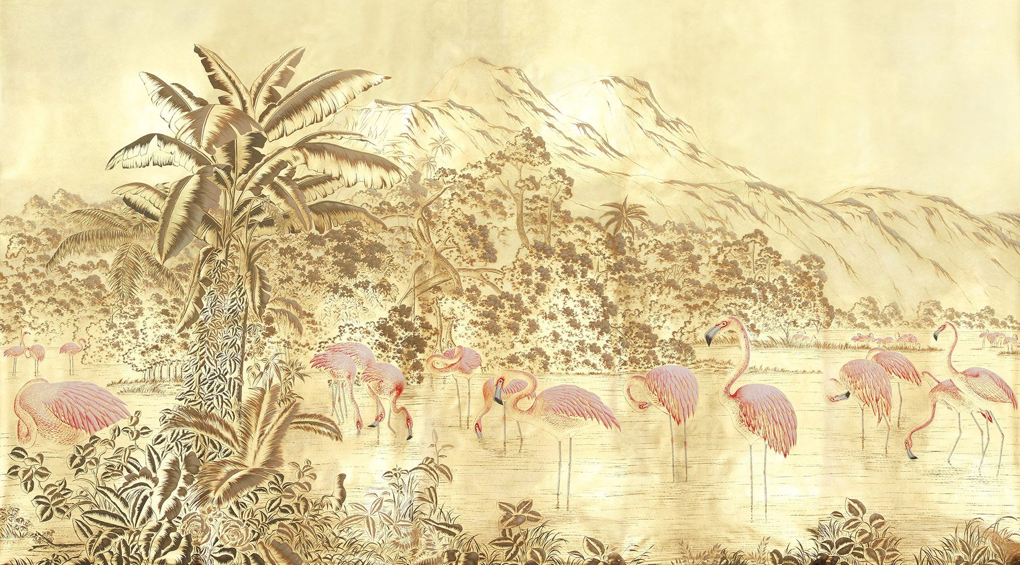 Обои ручная роспись Flamingos Flamingo on Deep Rich Gold gilded paper Обои ручная роспись Flamingos Flamingo on Deep Rich Gold gilded paper - постер Loft-Concept в Тюмени