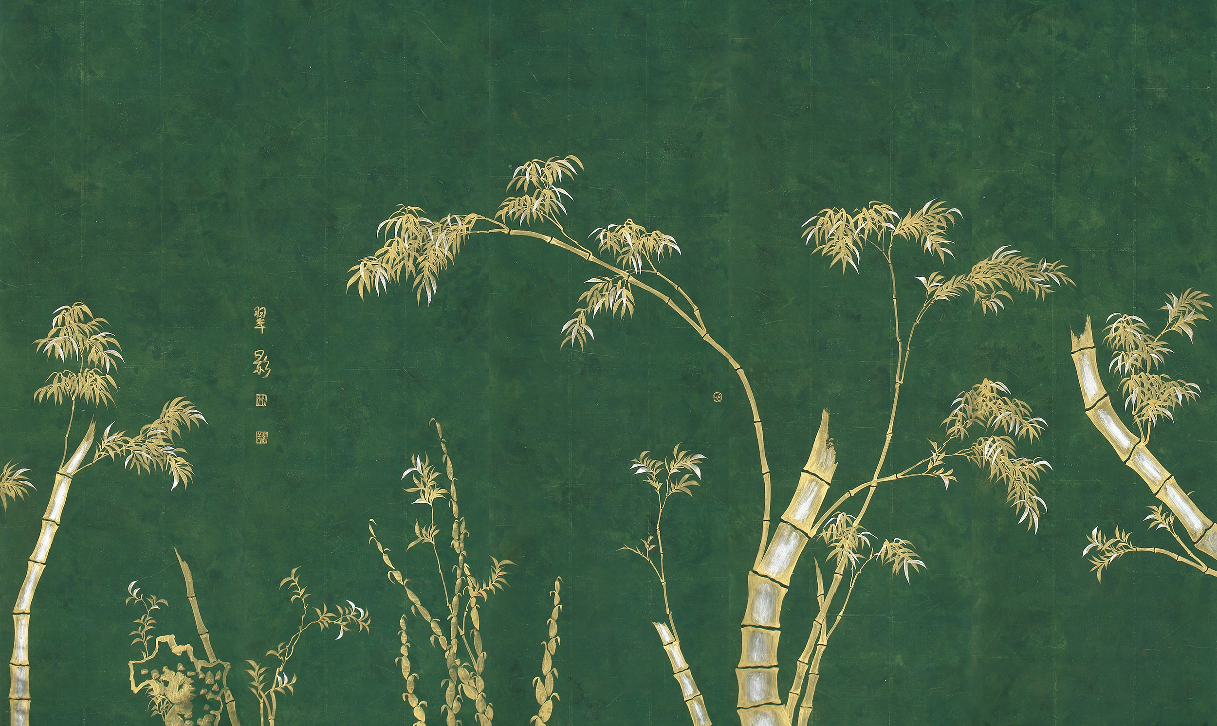 Обои ручная роспись Bamboo Golden on Edo Green India tea paper Обои ручная роспись Bamboo Golden on Edo Green India tea paper - постер Loft-Concept в Тюмени