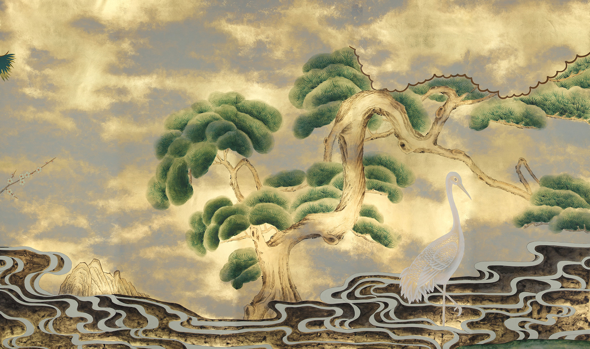 Обои ручная роспись Bamboo River Blossom Original colourway on Deep Rich Gold gilded paper with pearlescent antiquing Обои ручная роспись Bamboo River Blossom Original colourway on Deep Rich Gold gilded paper with pearlescent antiquing - постер Loft-Concept в Тюмени