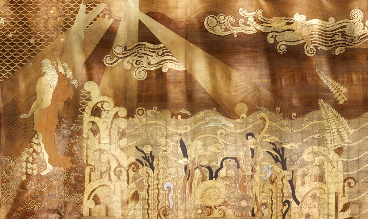 Обои ручная роспись в стиле Арт-деко Deco Dawn Bas Relief on Deep Rich Gold gilded paper Обои ручная роспись в стиле Арт-деко Deco Dawn Bas Relief on Deep Rich Gold gilded paper - постер Loft-Concept в Тюмени