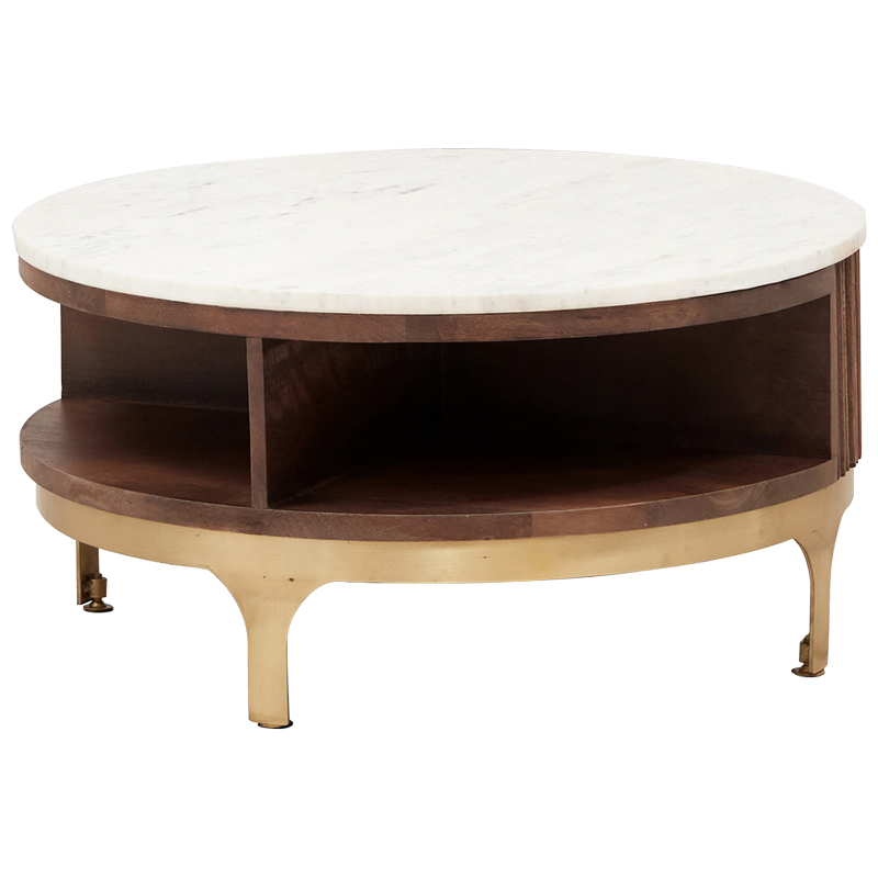 Круглый кофейный стол Sadie Round Coffee Table Белый Коричневый Латунь Круглый кофейный стол Sadie Round Coffee Table Белый Коричневый Латунь в Тюмени | Loft Concept