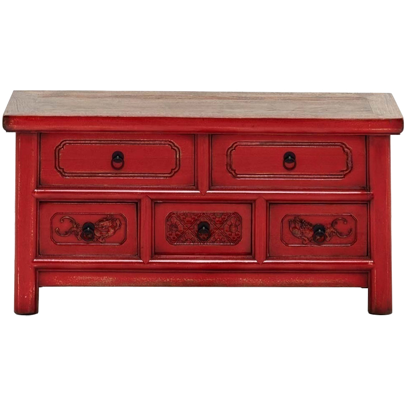 Деревянная ТВ-тумба в китайском стиле с 5-ю выдвижными ящиками Chinese TV Stand Red Красный Коричневый Черный Деревянная ТВ-тумба в китайском стиле с 5-ю выдвижными ящиками Chinese TV Stand Red Красный Коричневый Черный в Тюмени | Loft Concept