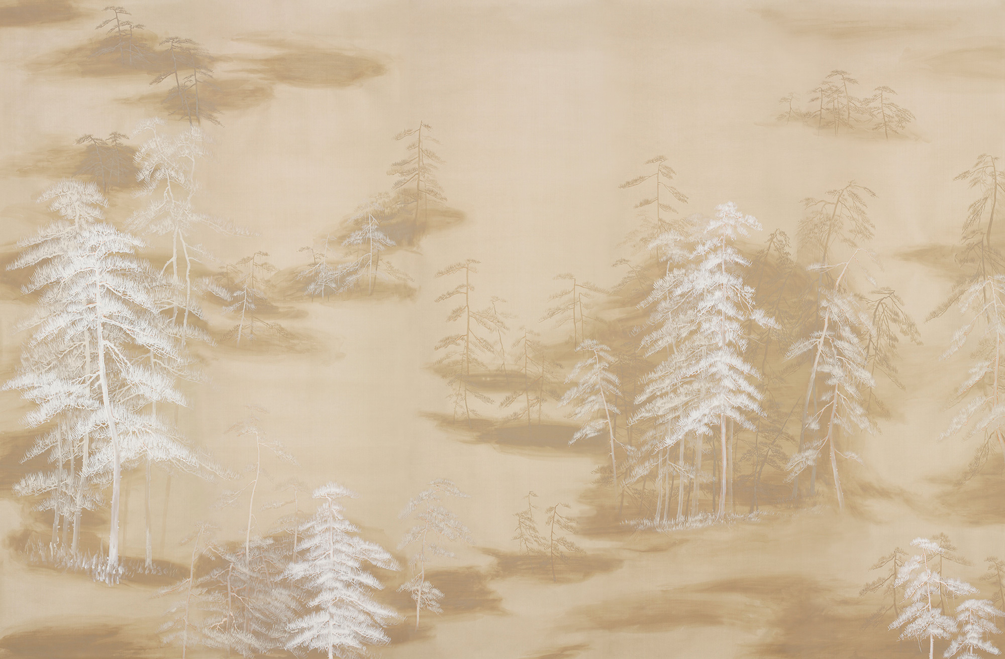 Обои ручная роспись Abstract Pines Original colourway on Stone Ochre dyed silk Обои ручная роспись Abstract Pines Original colourway on Stone Ochre dyed silk - постер Loft-Concept в Тюмени