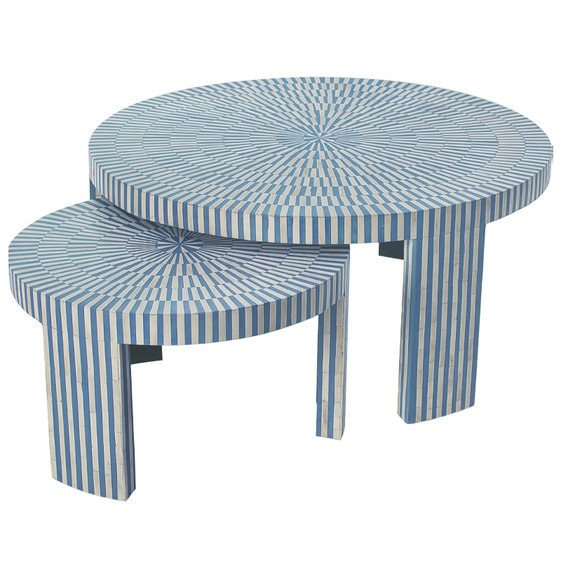Комплект журнальных столов с инкрустацией Stripes Set of two tables blue Белый Голубой в Тюмени | Loft Concept 