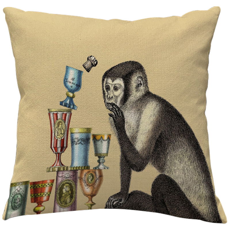 Декоративная подушка Fornasetti Aperitivo 2 Бежевый Серый Мульти в Тюмени | Loft Concept 