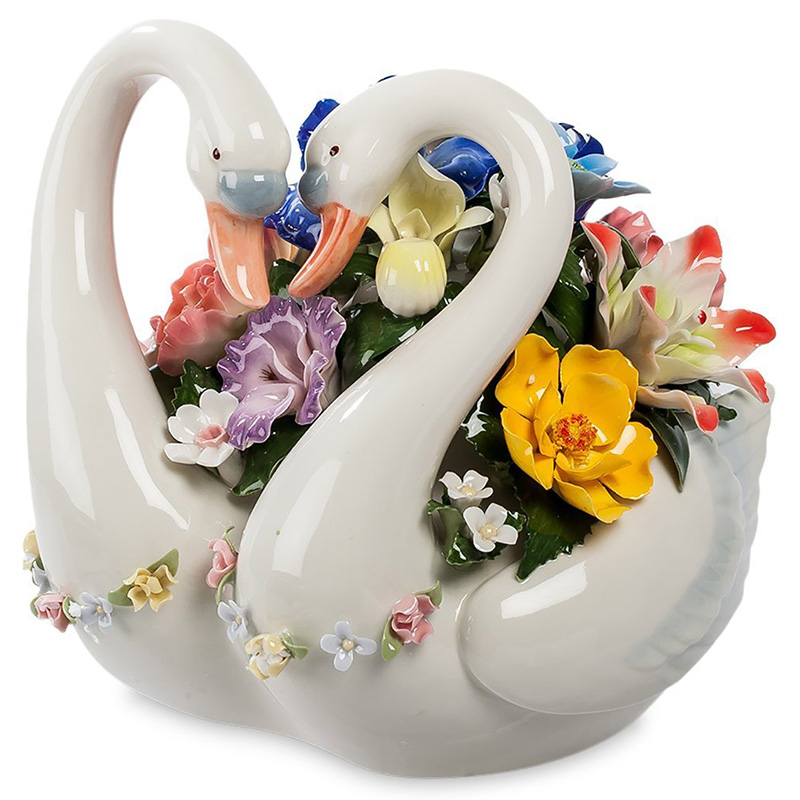 Статуэтка фарфоровая Лебеди с цветами Charming Statuette Белый Красный Голубой Желтый Сиреневый Розовый в Тюмени | Loft Concept 