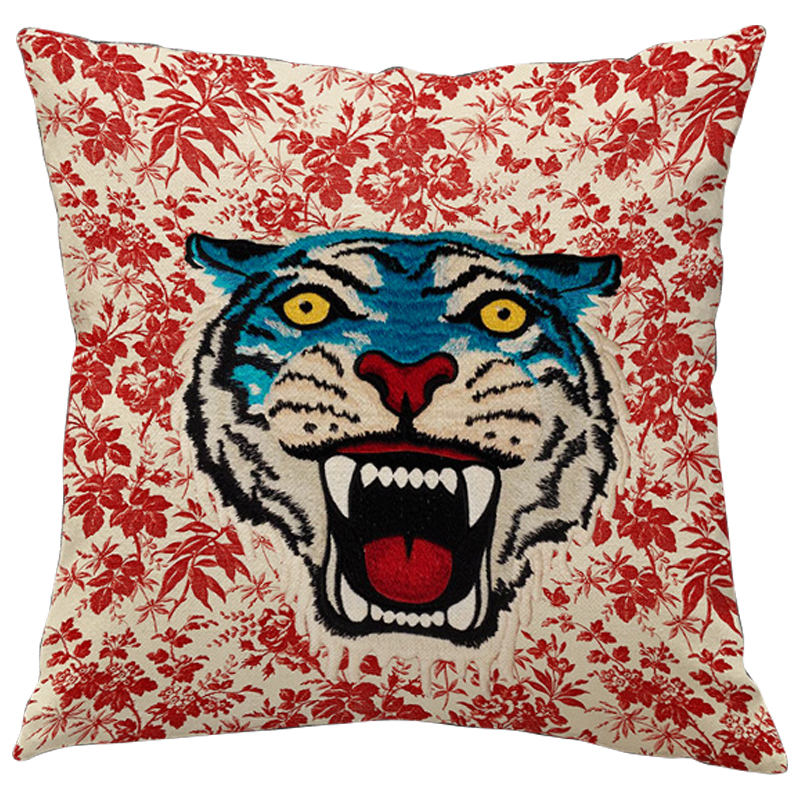 Декоративная подушка Стиль Gucci Blue Tiger Красный Бежевый Голубой Мульти Декоративная подушка Стиль Gucci Blue Tiger Красный Бежевый Голубой Мульти в Тюмени | Loft Concept