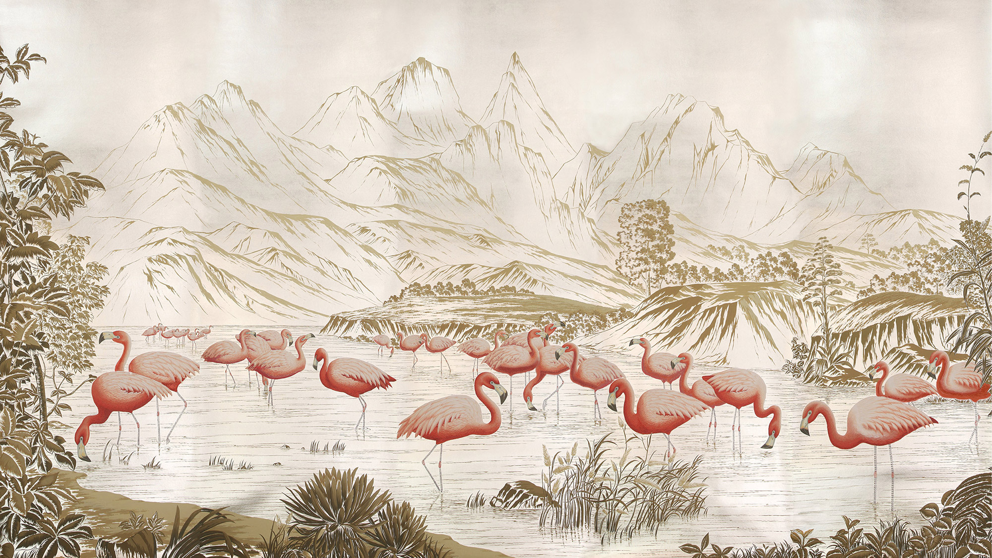 Обои ручная роспись Flamingos Flamingo on Tarnished Silver gilded Xuan paper Обои ручная роспись Flamingos Flamingo on Tarnished Silver gilded Xuan paper - постер Loft-Concept в Тюмени