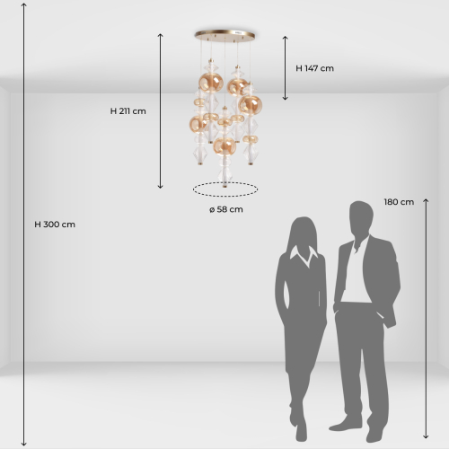 Люстра с плафонами из прозрачного и янтарного стекла в виде шаров и ромбов Gabriel Scott Luna в Тюмени
