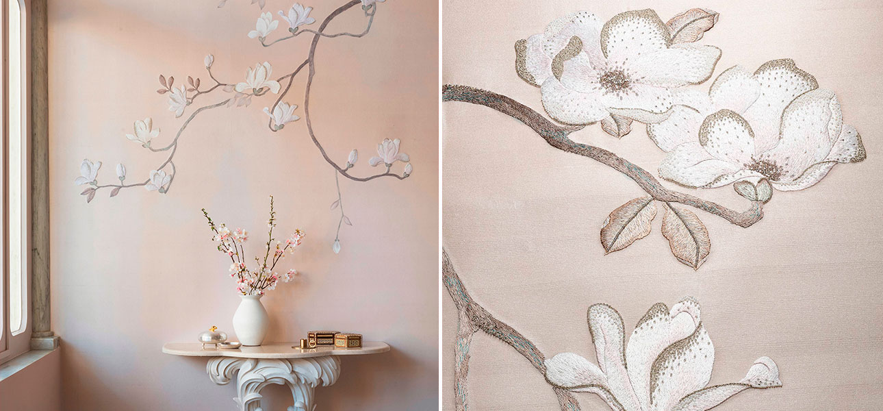 Обои Magnolia Canopy Original colourway on Rose Water metallic slub silk - фото