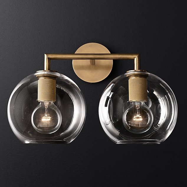 Бра RH Utilitaire Globe Shade Double Sconce Brass Прозрачное Стекло Латунь в Тюмени | Loft Concept 