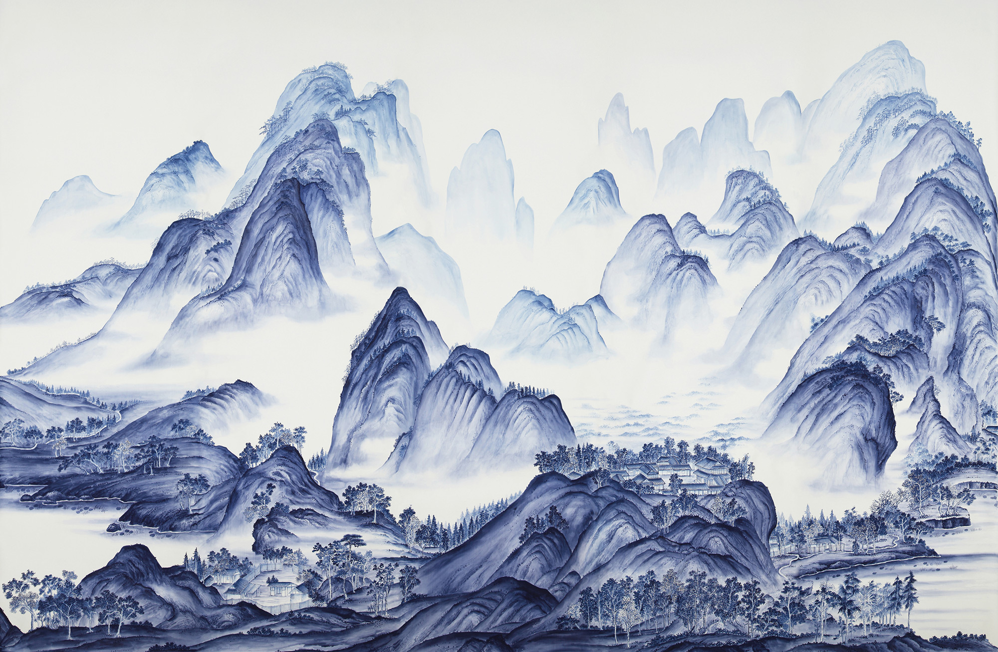 Обои ручная роспись A Thousand Li of Rivers and Mountains Delft on Bleached White dyed silk Обои ручная роспись A Thousand Li of Rivers and Mountains Delft on Bleached White dyed silk - постер Loft-Concept в Тюмени