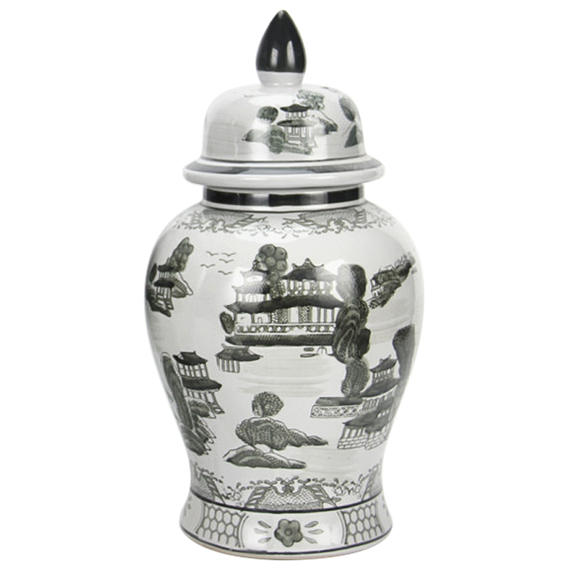 Ваза с крышкой Chinoiserie Ceramics Village Vase Серый Белый Ваза с крышкой Chinoiserie Ceramics Village Vase Серый Белый в Тюмени | Loft Concept