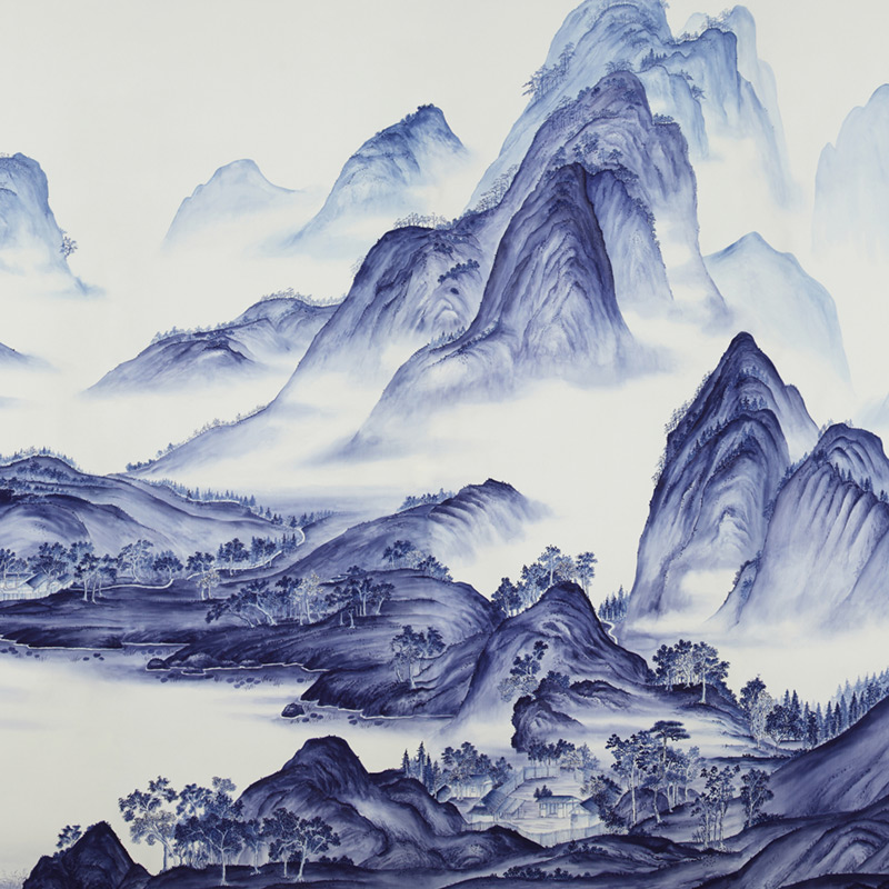 Обои ручная роспись A Thousand Li of Rivers and Mountains Delft on Bleached White dyed silk Обои ручная роспись A Thousand Li of Rivers and Mountains Delft on Bleached White dyed silk в Тюмени | Loft Concept