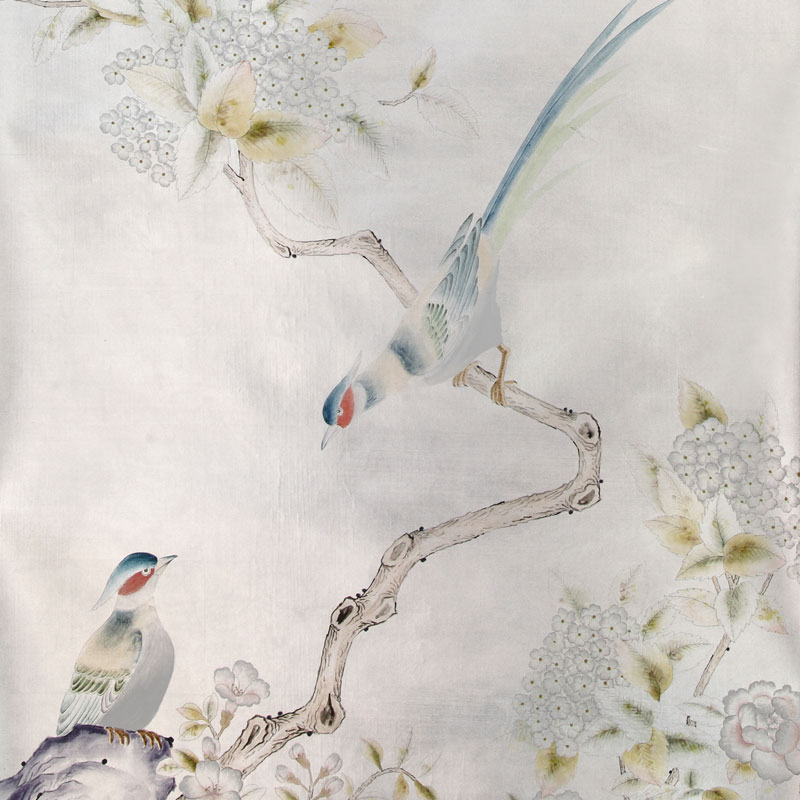 Обои ручная роспись Japanese Garden Special Colourway on Ocean Silver gilded silk Обои ручная роспись Japanese Garden Special Colourway on Ocean Silver gilded silk в Тюмени | Loft Concept