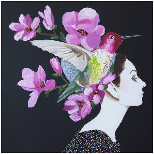 Картина Audrey with Hummingbird and Flowers Headdress on Black Background Мульти Картина Audrey with Hummingbird and Flowers Headdress on Black Background Мульти в Тюмени | Loft Concept