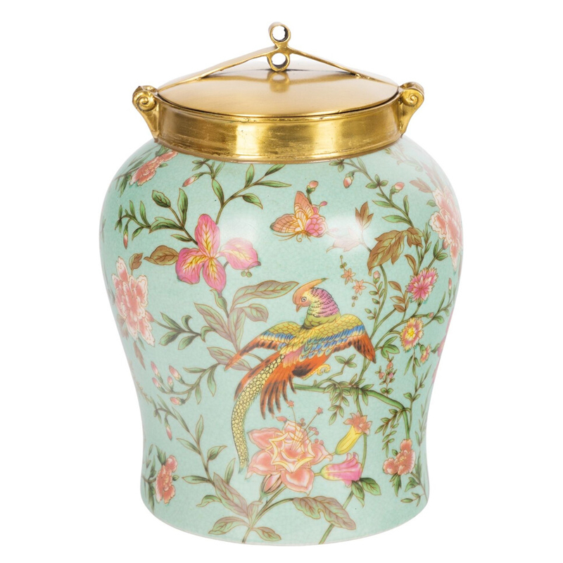 Ваза округлой формы из фарфора с рисунком и бронзовой крышкой Turquoise Blooming Garden Мульти Бронза Бирюзовый Ваза округлой формы из фарфора с рисунком и бронзовой крышкой Turquoise Blooming Garden Мульти Бронза Бирюзовый в Тюмени | Loft Concept