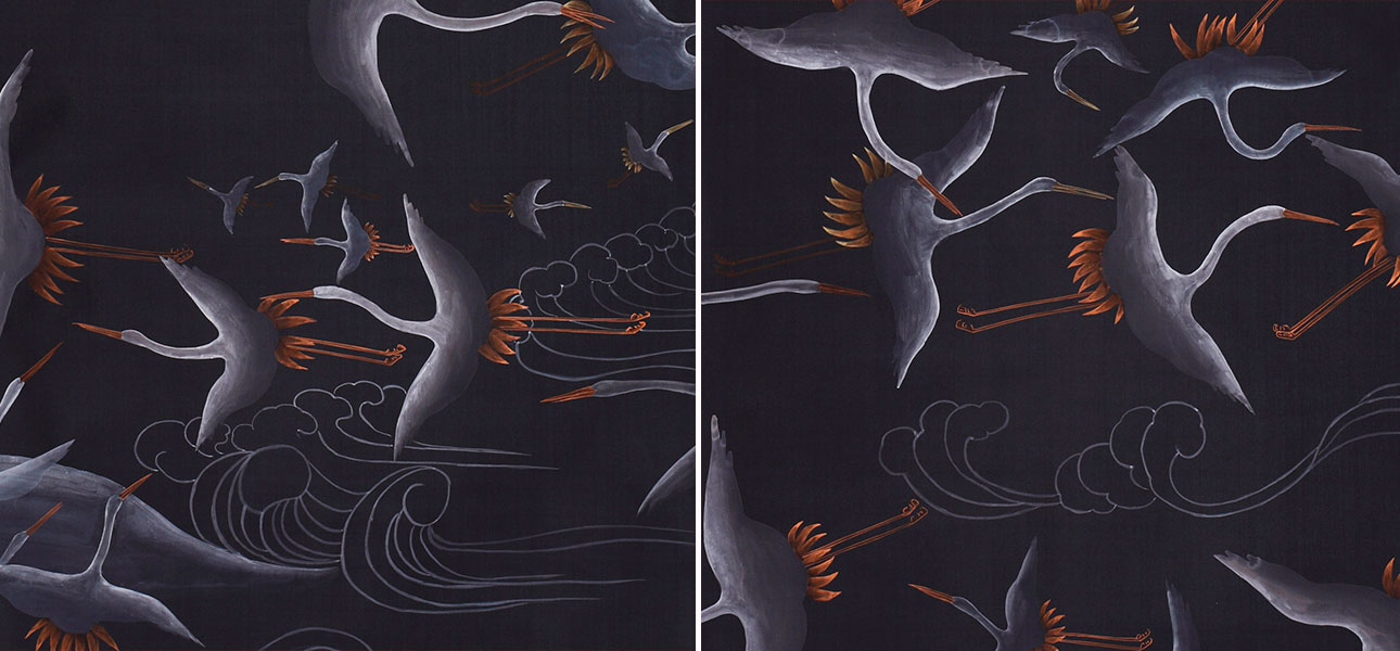 Обои ручная роспись Cranes Scroll Limewash on Pitch dyed silk - фото