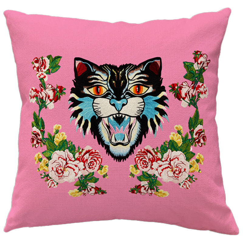 Декоративная подушка Стиль Gucci Cat Pink Розовый Мульти Декоративная подушка Стиль Gucci Cat Pink Розовый Мульти в Тюмени | Loft Concept