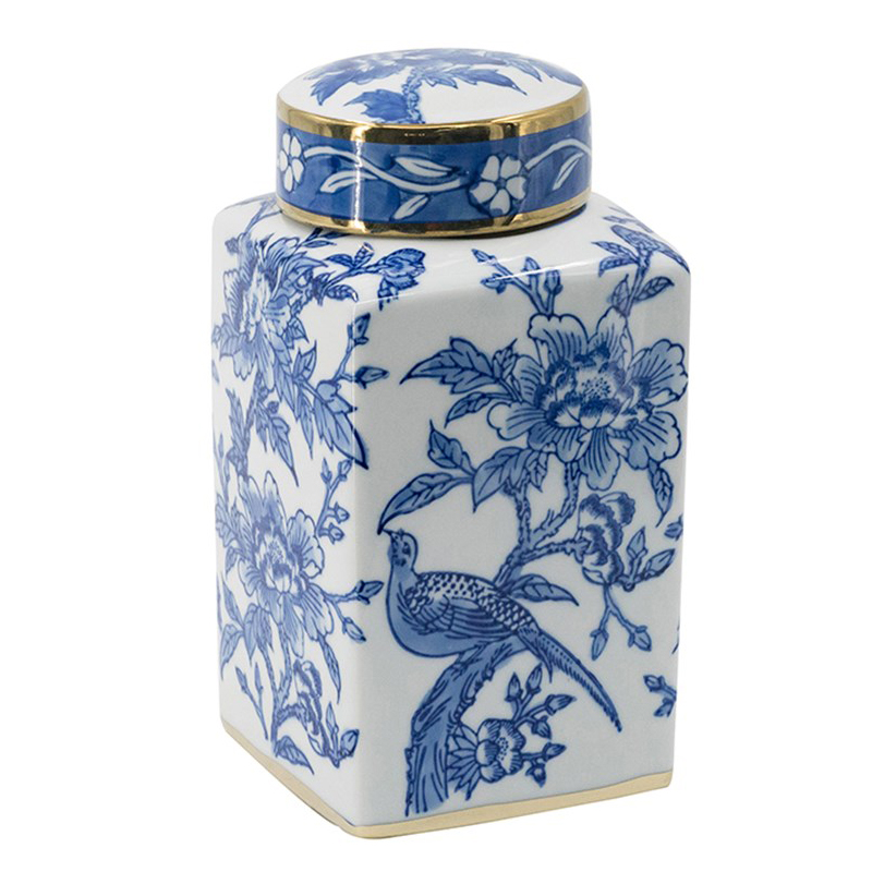 Ваза с крышкой Bird & Flowers Oriental Ornament Глянцевое золото Белый Синий Ваза с крышкой Bird & Flowers Oriental Ornament Глянцевое золото Белый Синий в Тюмени | Loft Concept
